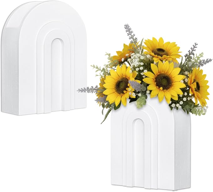 2 Pack White Wooden Wall Vase for Pampas Grass and Dried Flowers | Wall vases for faux flowers and greenery; boho bathroom wall decor for hallway, entryway, bedroom or living room