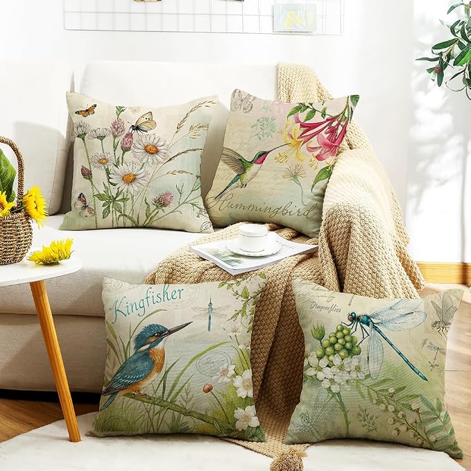 wyooxoo Throw Pillow Covers 20x20 Set of 4 Spring Summer Pillow Covers Flower Butterfly Bird Farmhouse Pillowcases for Sofa Couch Living Room Outdoor
