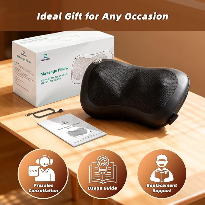 Zenopax Shiatsu Back and Neck Massager with Heat, 3D Deep Tissue Kneading, Cordless Rechargeable Electric Massage Pillow for Muscle Pain Relief, Use at Home, Car, Office, Gifts for Men Women