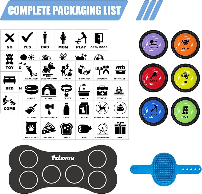 Dog Buttons for Communication 6 Pcs, 30s Recordable Dog Talking Buttons Starter Set with Anti-Slip Mat & 24 Scene Stickers, Pet Training Voice Buzzer