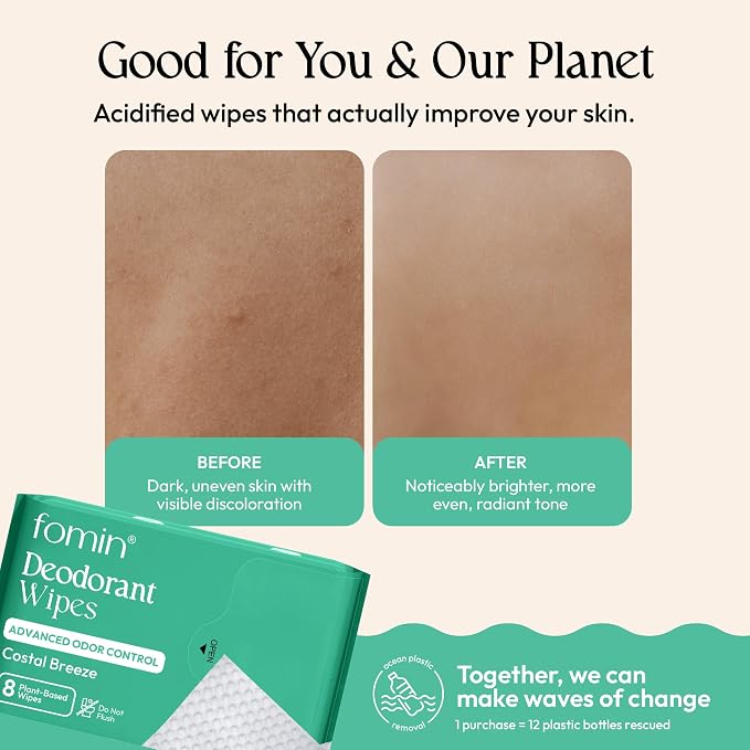 FOMIN Acidified Travel Deodorant Mini Wipes For Women & Men- Costal Breeze - 288 Count - pH Balanced, Biodegradeable Mini Deodorant Travel Size Wipes - Plastic-Free, Underarm Body Wipes
