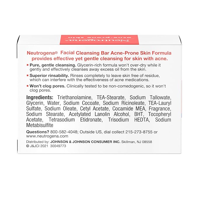 Neutrogena Facial Cleansing Bar for Acne-Prone Skin, Gentle Non-Medicated Daily Cleanser, Non-Comedogenic Transparent Soap with Glycerin, No Dyes or Detergents, 3.5 oz