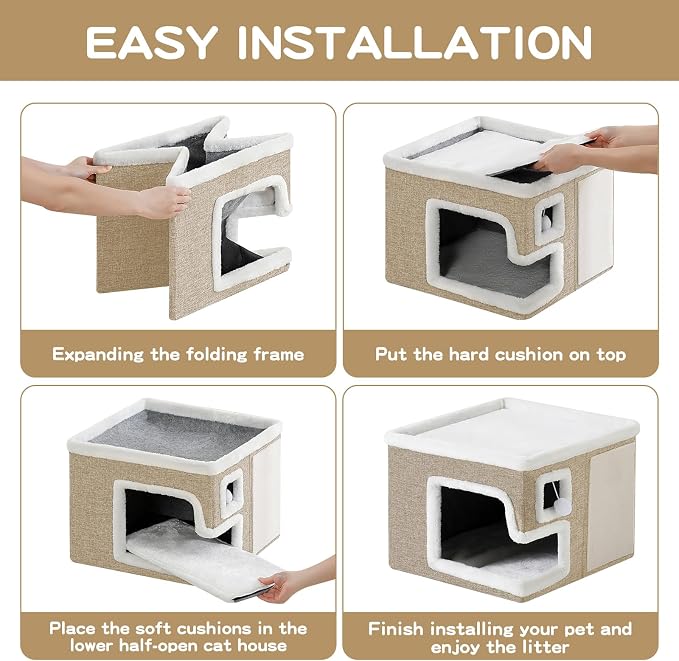 Cat Houses for Indoor Cats, Covered Cat Cave Bed with Scratch Pad and Fluffy Ball, Foldable Cat Hideaway Condo for Large Cats, Modern Kitten Bed,16.5x16.5x13 inches (Khaki, L)