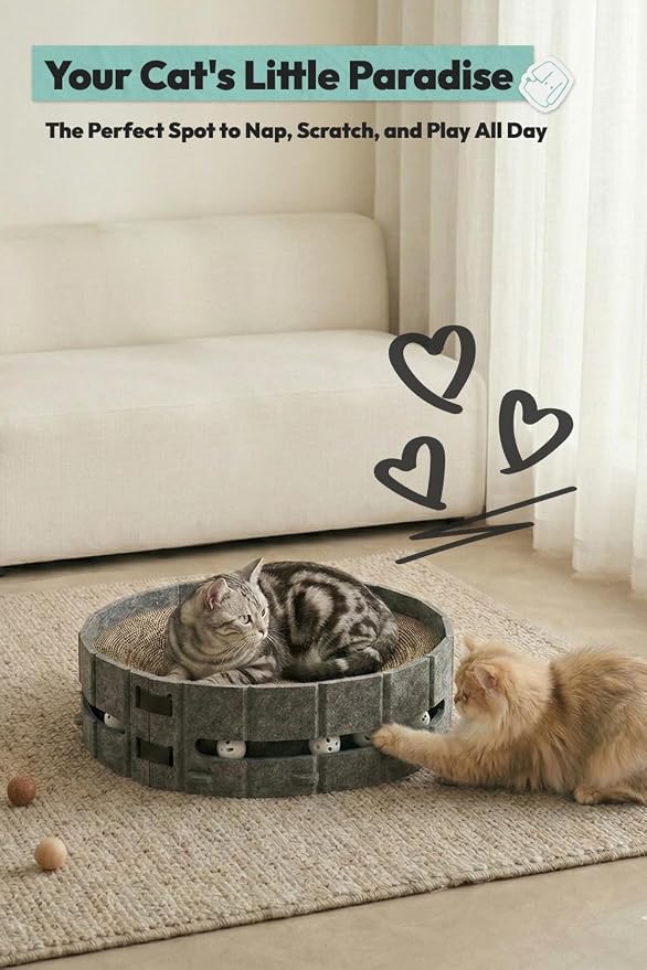Cat Scratcher Bed, Oval Cardboard Cat Scratcher for Indoor Cats, High-Density Ergonomic Curved Cat Scratch Pad with Bell Ball Toy for Sleeping, Scratching & Mental Enrichment (Dark Gray, M)