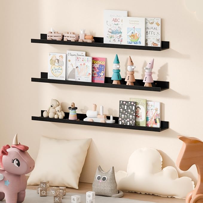 upsimples Floating Shelves for Wall Decor and Storage, Black, 6Pcs 35.5'' | Wall Mounted Wood Shelves for Living Room, Bedroom, Kitchen, Office, Nursery Room, Coffee Bar Display and Organize