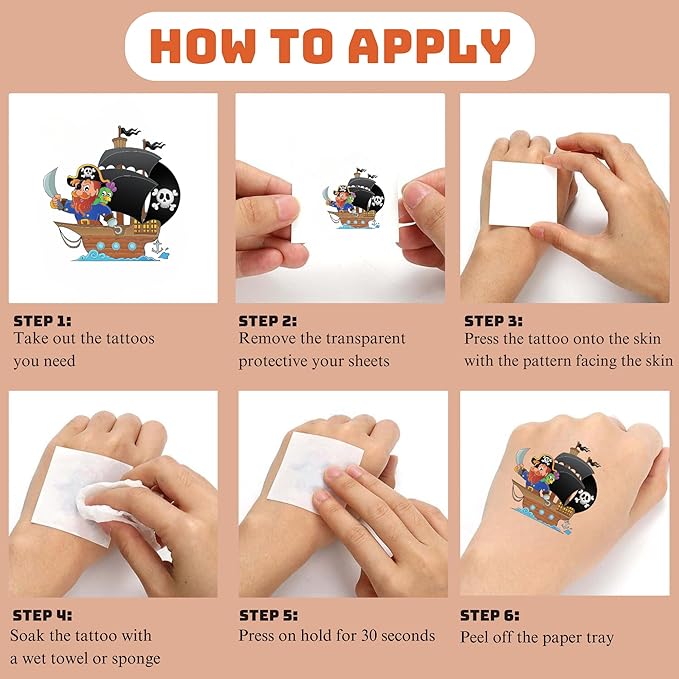50Pcs Pirate Tattoos for Kids Party Decorations, Pirate Temporary Tattoo Fake Neverland Pirated Cannon Powder Tattoo Body Sticker for Pirate Birthday Party Favors Supplies Boys Girls Party Bag Filler