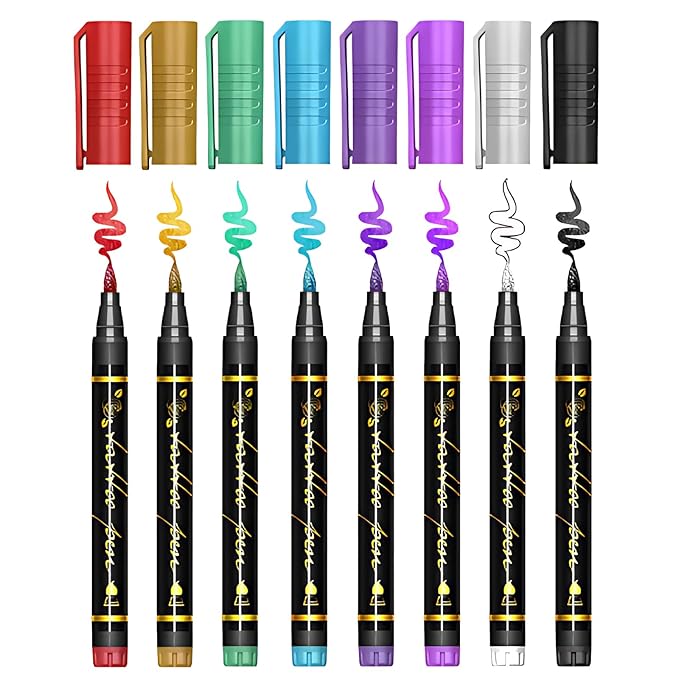 Christmas Temporary Tattoo Markers for Skin, 8 Metal Body Markers + 229 Temporary Tattoo Stencils for Kids Adult, Flexible Brush Tip, Bright Colors, Cosmetic-Grade Tattoo Ink for Girl Boy Party Favor