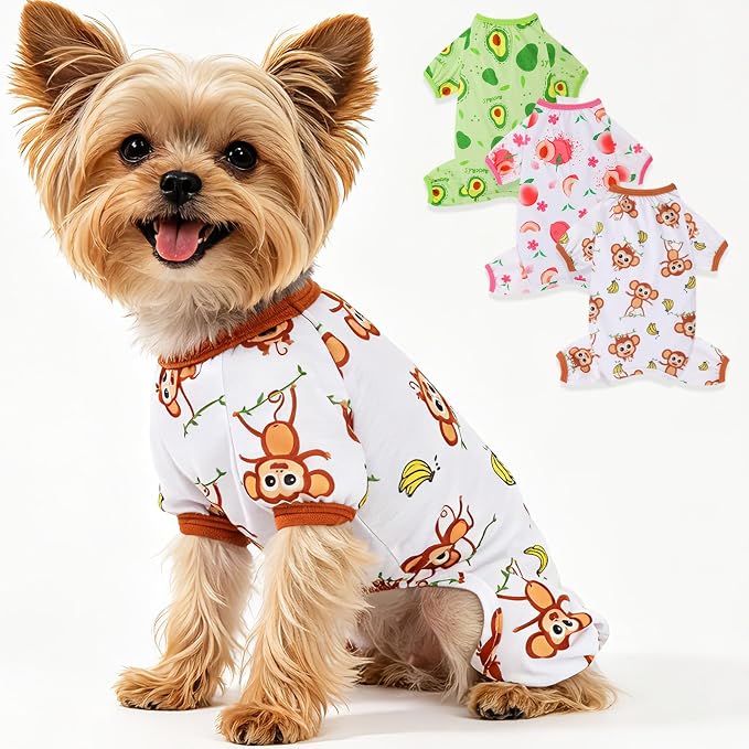 Dog Pajamas for Small Dogs Soft Strechy Summer Dog Pjs Puppy Clothes for Chihuahua Yorkie Boy Girl Cat Pet Outfits Cute Pattern XXS~L (Monkey, Medium)