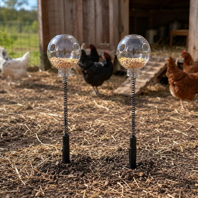 2 Pack Chicken Peck Toys, Chicken Slow Feeder Ball & Poultry Enrichment Toys, Interactive Treat Dispenser with Metal Spring & Plastic Ground Stake for Hens, Ducks, Backyard Coop Feeding
