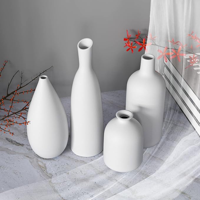 White Ceramic Vase Set of 4,Modern Farmhouse Decorative Vases for Entryway Mantel Centerpiece Bookshelf Console Table