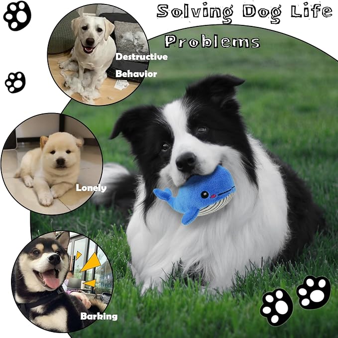 Dog Hide and Seek Toys Puppy Chew Squeaky Toys Plush Mushroom&Bamboo&Shell Hideout Stuffing with Squeakers Animals (3Pcs Squeaky Whale Blue)