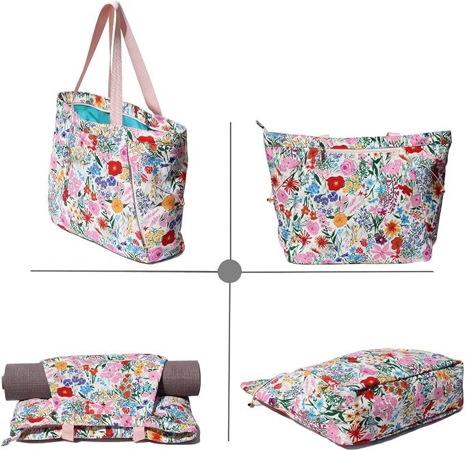 ESVAN Yoga Tote Bag for Women Drawstring Canvas Shoulder Bags for Workout Travel Carryall Pilates Gym and Beach