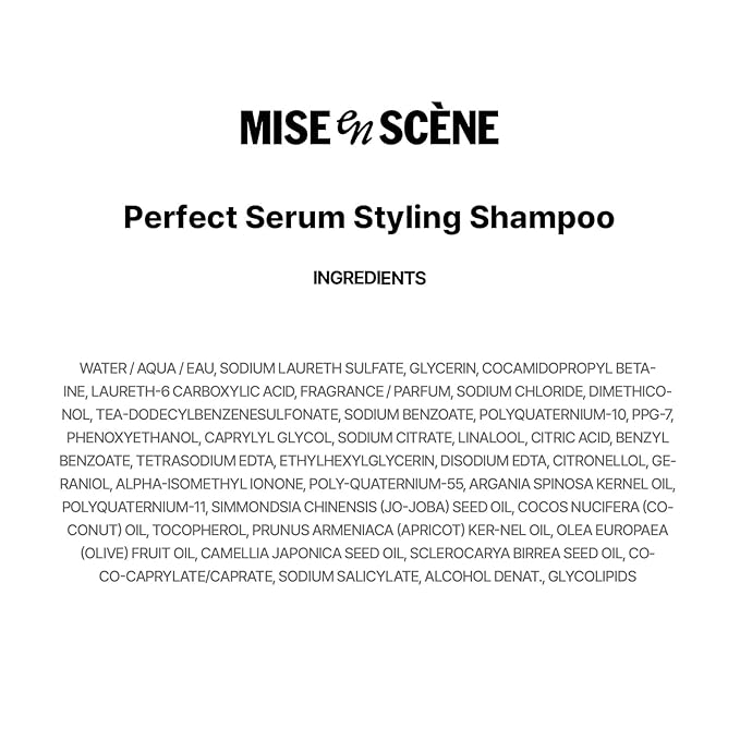 Mise En Scene Hair Perfume Shampoo - Perfect Styling Serum Shampoo - with Peony and Rose Scent, Styling Memory & Heat Protection, Enriched with Argan Oil, Daily Nourishing, 17.92 Fl. Oz.