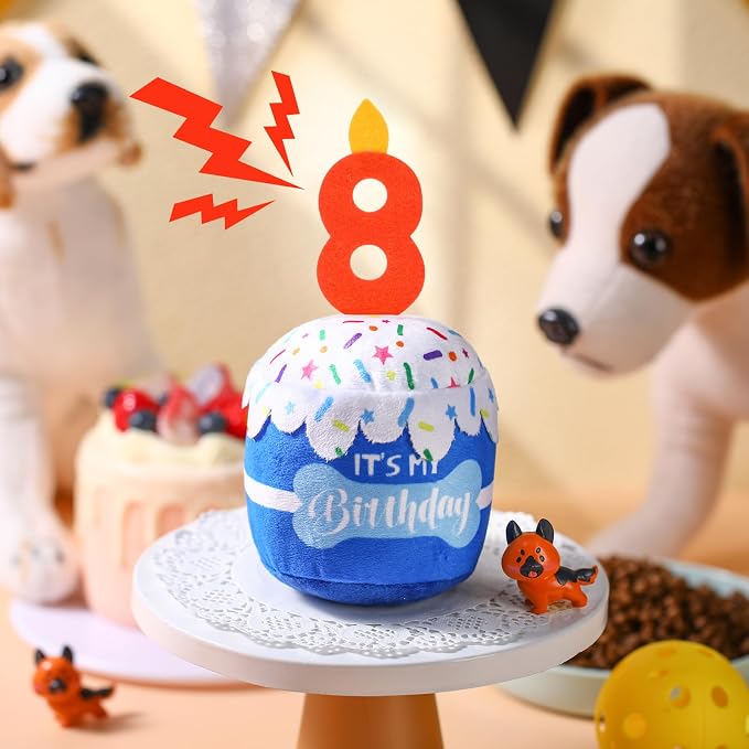 Dansydaisy Dog Birthday Cake Toy Squeaky Plush Gift,8th,Blue