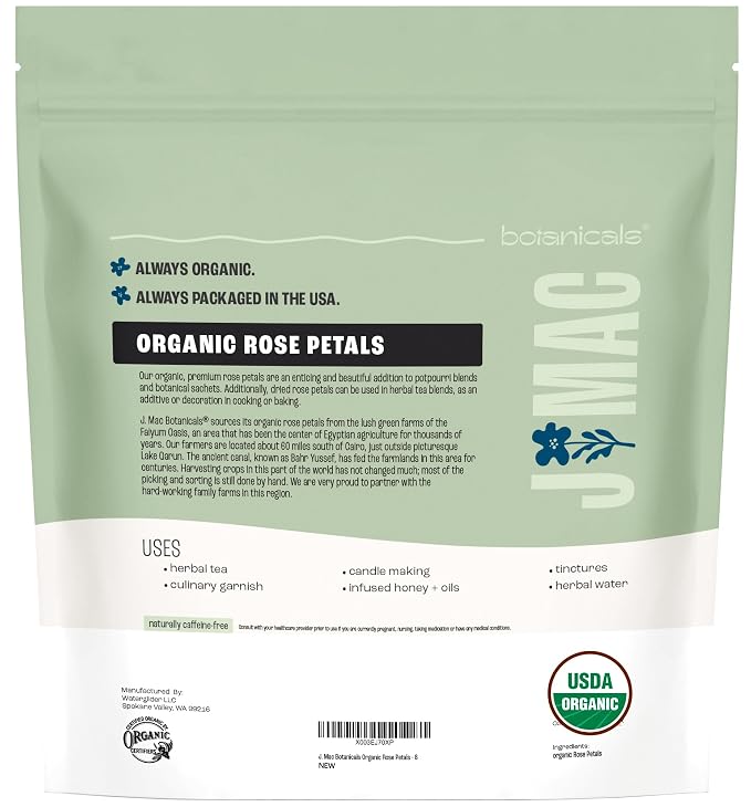 J MAC BOTANICALS Organic Rose Petals, (8 oz) Certified USDA Organic, Edible, Culinary Grade for Herbal Tea, Cooking and Crafts