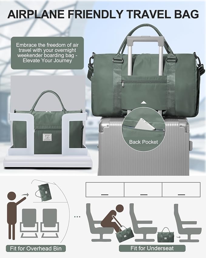 Gym Bag Womens Mens with Shoes Compartment Travel Duffel Bag for Women for Plane Sport Gym Tote Bags Swimming Yoga Weekend Overnight Carry on Bag Hospital Holdalls 4Pcs Set Dark Green