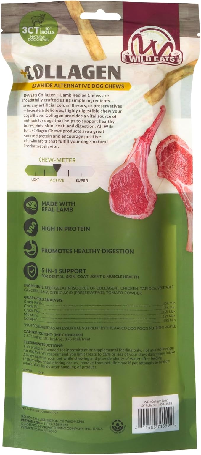 Wild Eats Lamb Collagen Cheek Rolls 10 Inch Dog Chews, 3 Pack, Medium Breed | Long lasting retriever style treats and bones, flavored substitute for pig ears, satisfying snack that keeps pups busy longer