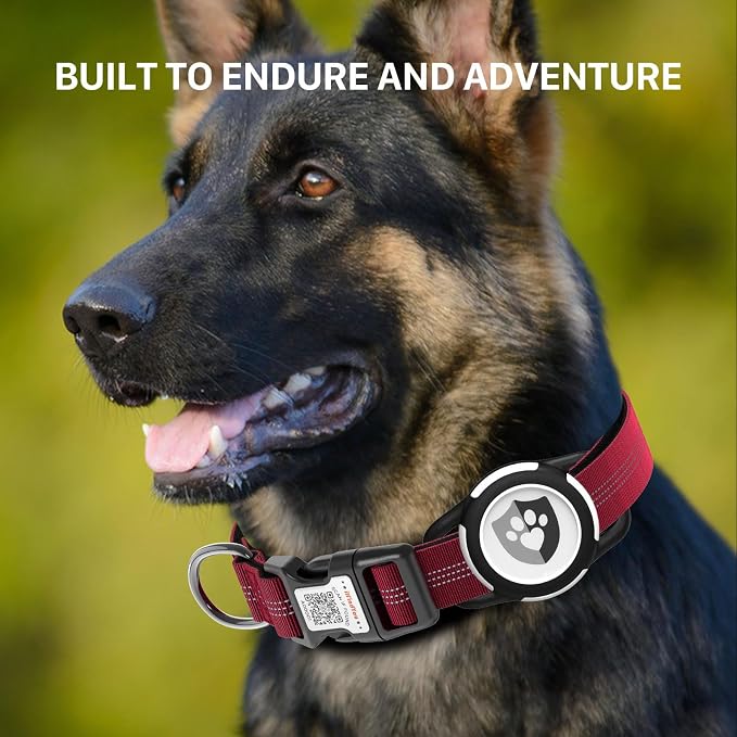 Waterproof AirTag Dog Collar with QR Code Dog Tag, Burgundy XS | IP68 waterproof, QR code dog tag, Anti-Lost, Online profile, fits XS-L (8"-26"), Padded nylon, Reflective, No App, No Fees