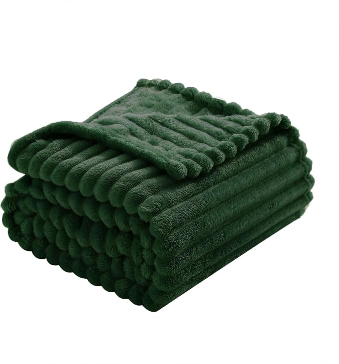 Green Fleece Throw Blanket 60”×80” for Couch Sofa Livingroom | Super Soft Cozy Plush Microfiber Flannel Bed Blanket Striped Design Lightweight Home Decor Gifts for Adults Mom Women