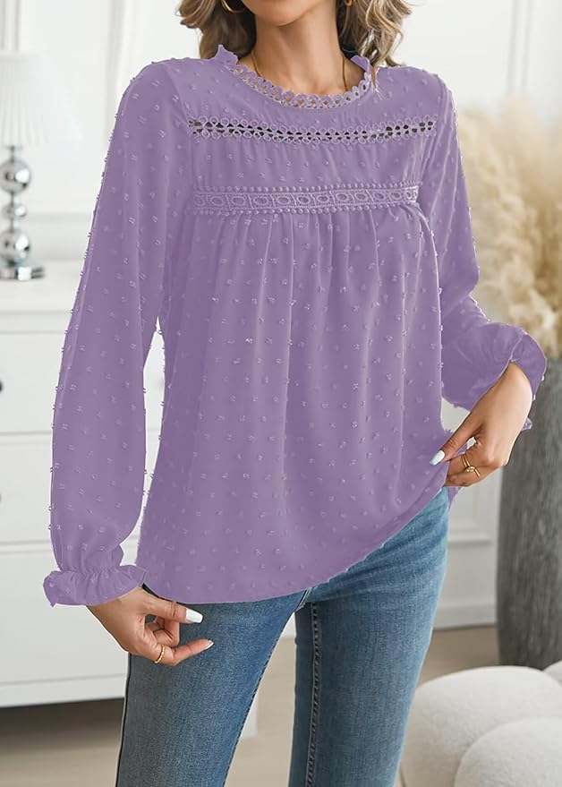 Womens Boho Tops Long Sleeve Shirts For Women Cute Crewneck Blouse Dressy Casual Swiss Dot Crochet Hollow Top 2026