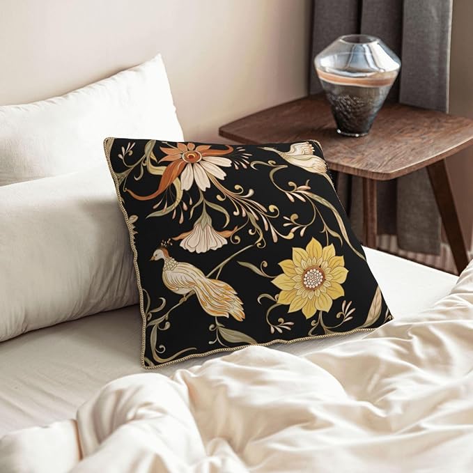 Flowers Birds Velvet Pillow Covers 18x18 Inch Vintage Floral Black Throw Pillows for Couch Farmhouse Cushion Covers Pillowcase Retro Rustic Pillow Cases for Sofa Bed Living Room Outdoor