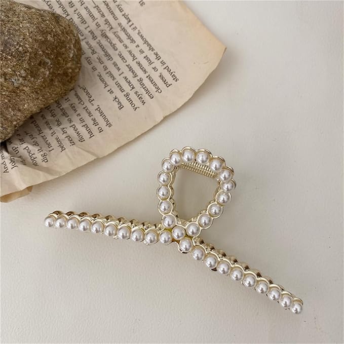 Rhinestone Hair Claw Clips, Textention Large Size Imitation Pearl Claw Jaw Clips for Women Thick Thin Hair Elegant Crystal Clasps Clamps Accessories Headwear Styling Tools for Party Wedding (2 Pack)