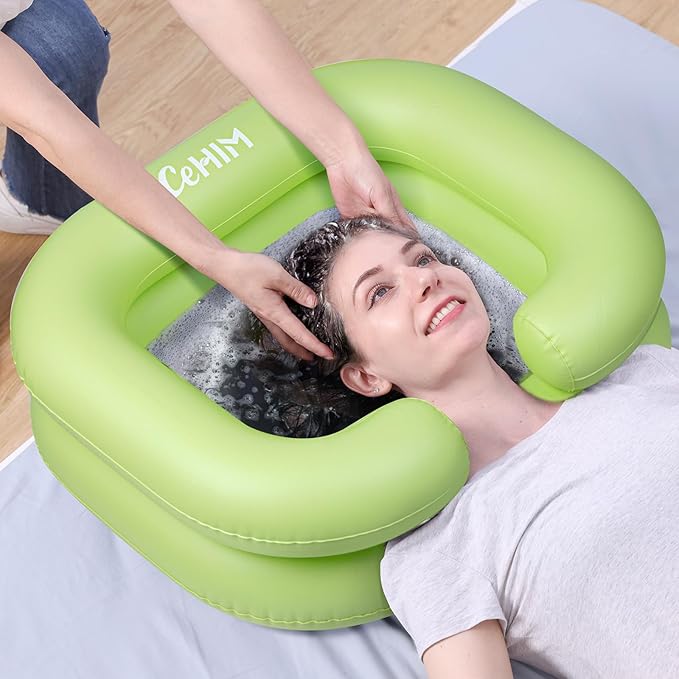 Inflatable Shampoo Basin - Portable Shampoo Bowl, Hair Washing Basin for Bedridden, Disabled,Injured, Hair Wash Tub for Dreadlocks and at Home Sink Washing (Green)