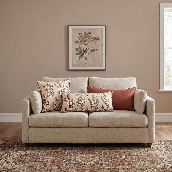 Designer Vintage Linen Throw Pillow Cover,28"x12"-Helena A | Elegant French Rectangle Pillow Cover,Concealed Zipper Design,Floral Pattern,Sofas,Bedroom,Living Room,Lounge Chairs