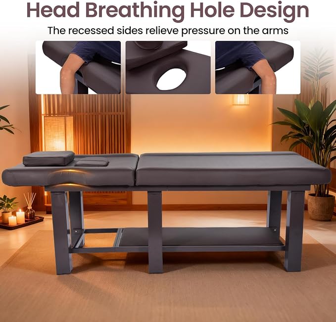 Professional Stationary Massage Table with Backrest, Adjustable Thick Foam Spa Massage Beds,Metal Frame PU Leather 27.55'' Wide 72.83'' Long Heavy Duty Bed for Massages, Hairdressing, Spas(Brown)