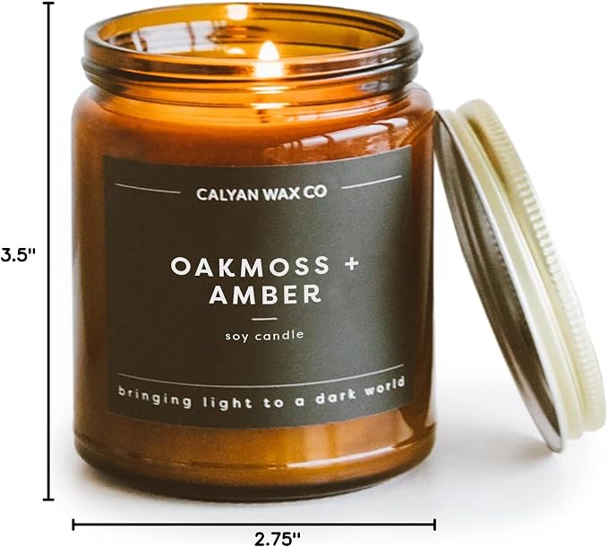 Calyan Wax Co. Oakmoss & Amber Scented Candle - 57 Hour Burn - Luxury Clean Soy Wax Candles - Long Lasting Amber Glass Jar Candle for Home - 7.2oz