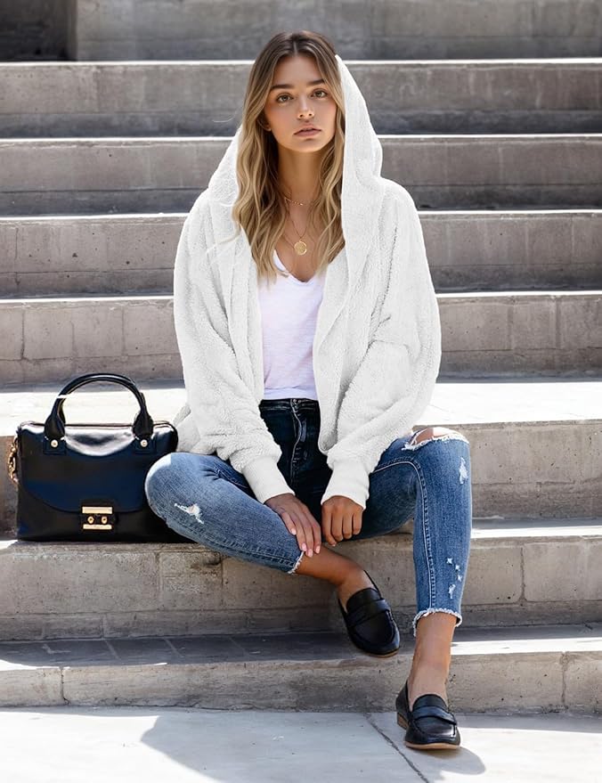 Zilcremo Women Hooded Cardigan Fuzzy Jacket Winter Open Front Fleece Coat Outwear with Pockets