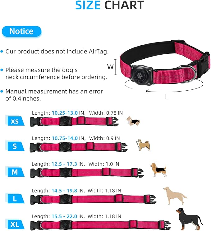 Upgrade Dog Collar with AirTag Holder, IP68 Waterproof, Hot Pink, L | Built-in Water Resistant AirTag holder, 1000D Nylon, Reflective Stitching for Night Visibility, Soft padding for Comfort