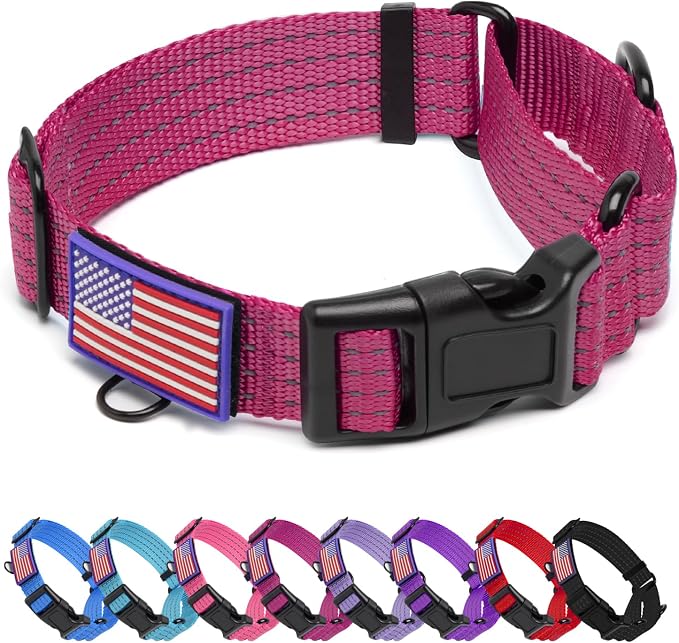 Martingale Dog Collar Reflective NO Pull with USA Flag, L,Hot Pink
