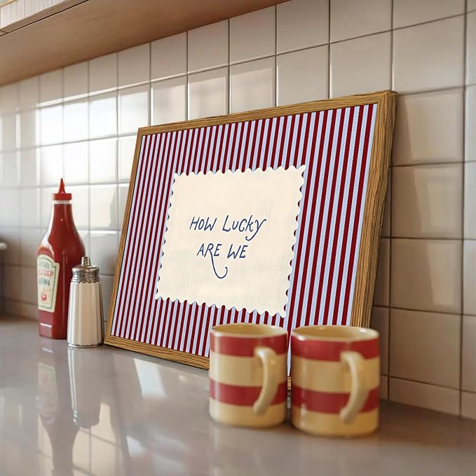 Framed How Lucky Are We Wall Art, Trendy Positive Affirmation Quotes Canvas Wall Decor Paintings, Red Striped Pictures Prints Preppy Home Decor for Living Room Bedroom Dorm 16x24 inch