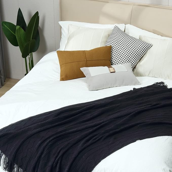 CREVENT Knitted Decorative Throw Blanket for Couch Sofa Chair Bed,Soft Warm Cozy Light Weight for Spring Summer (50''X60'' Black)