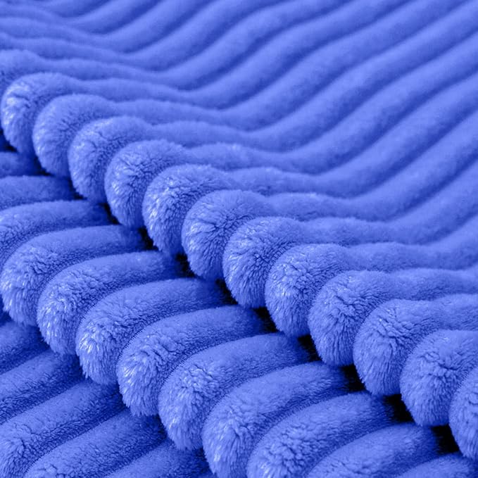 Vessia Flannel Fleece Throw Blanket for Couch,Sofa,Bed, 300GSM Striped Blue Blanket for Adults and Kids, Super Soft Warm Cozy Lightweight Ribbed Throw for All-Season