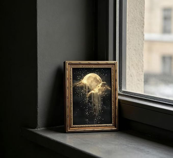 Vintage Gold Framed Golden Moon Celestial Wall Art,Moody Celestial Painting Canvas Print,Glittering Golden Rain & Sparkling Stars Wall Decor,Gothic Night Sky Stars Artwork,for Bedroom Living Room Bathroom