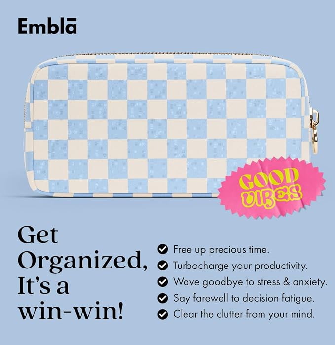 Makeup Bag Travel Cosmetics Pouch and Toiletry Bag, Nylon Zipper Pouch Purse, Cute Make Up Organizer Storage Tote for Women Girls, Travel Skincare Case, Small Makeup Case, Sky Checkered