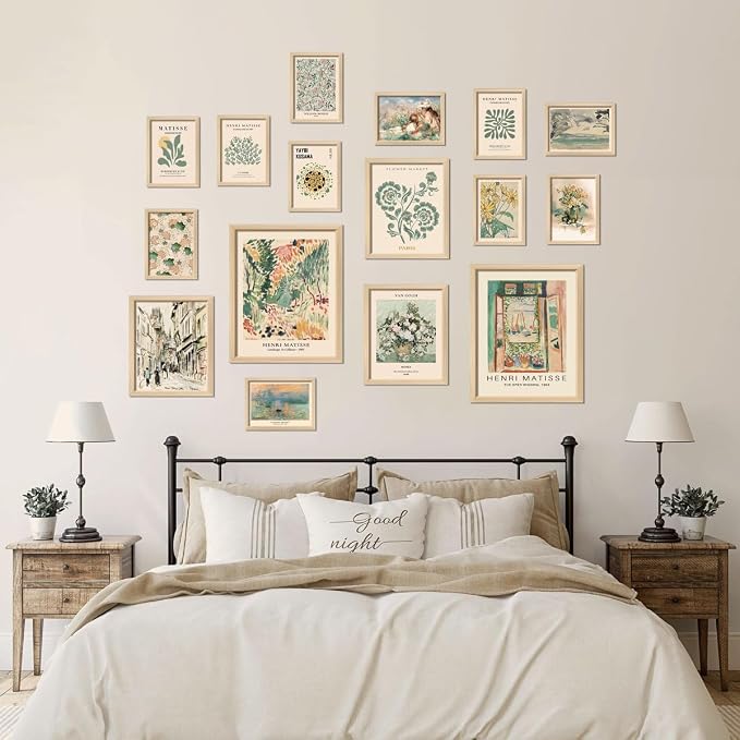 16 PCS Framed Sage Green Wall Art Decor, Matisse Wall Prints for Bedroom, Gallery Wall Frame Set, Abstract Posters for Living Room Aesthetic, Collage Kit Pictures, Boho Dorm Home Decor
