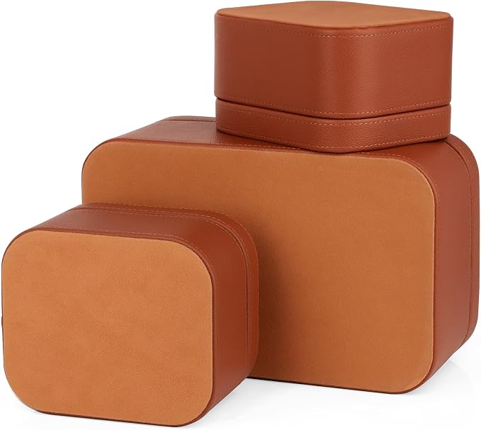 HofferRuffer Faux Leather Decorative Storage Boxes, Dust proof Storage Shelf Baskets with Lids Trays, Storage Bins Memory Box Organizer for Home, Office, Jewelry & More, Set of 3 (Brown)