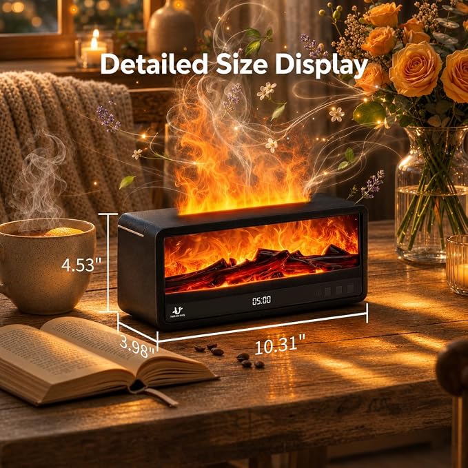 Fireplace Aroma Diffuser for Bedroom Nightstand, Essential Oil Diffuser with Realistic Flame Effect, Remote Control, Timer Auto-Off, 7 Color LED Ultrasonic Aromatherapy Diffuser for Home Office Decor
