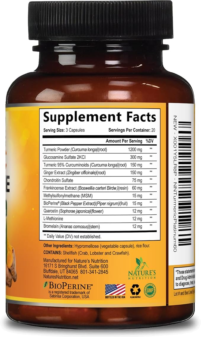 Turmeric Curcumin Supplement - 95% Curcuminoids with Glucosamine, Ginger & MSM, BioPerine Black Pepper Extract for Best Absorption, Natural Vegan Joint Support, Non-GMO, Bottled in USA - 60 Capsules