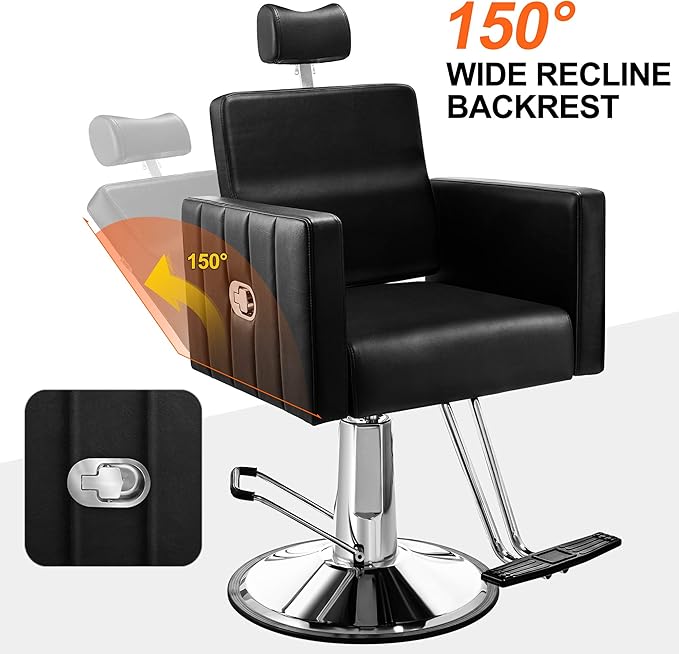 Baasha Reclining White Salon Chair with Adjustable Headrest, All-Purpose Hydraulic Styling Chair, Soft PU Leather, Heavy-Duty Steel Frame, 440 lbs Capacity, for Haircut, Braiding & Tattoo