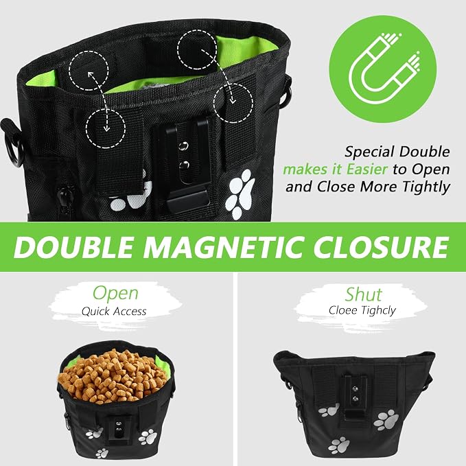kissleaf Dog Treat Pouch, Magnetic Closure, Dog Clicker- Black Pattern