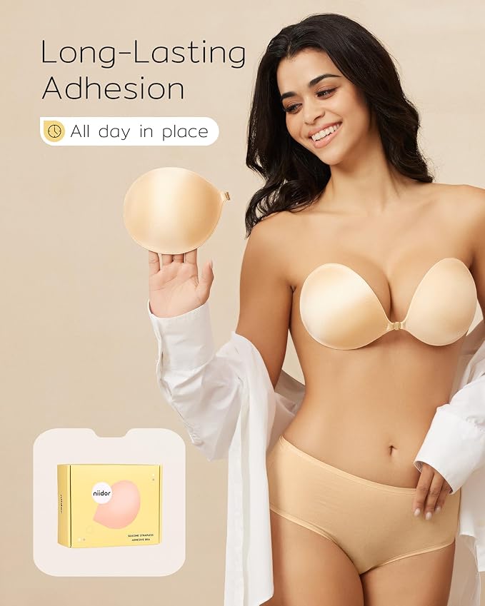 Niidor Adhesive Bra Strapless Sticky Invisible Push up Silicone Bra for Backless Dress with Reusable Nipple Covers