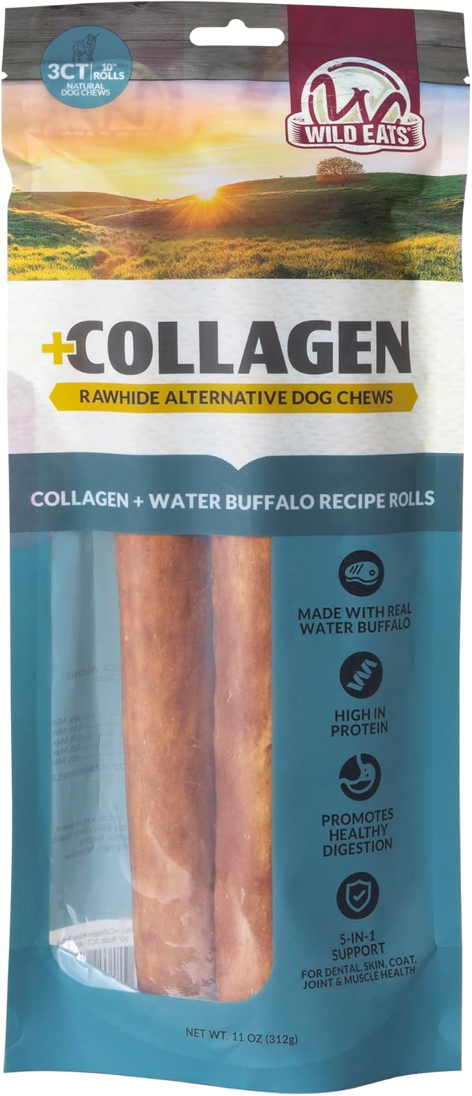 Wild Eats Water Buffalo Collagen Cheek Rolls 10" 3pk, Pig Ear Substitute | Long lasting treats and bones for medium dogs, retriever style texture, 3 per bag, satisfies natural gnawing urges daily