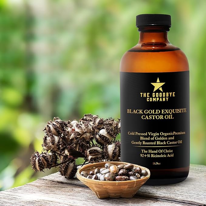 The Goodbye Company Black & Gold Castor Oil Blend – Cold-Pressed & Unrefined – Pure Hexane-Free Oil for Hair, Skin, Body, Eyelashes & Eyebrows