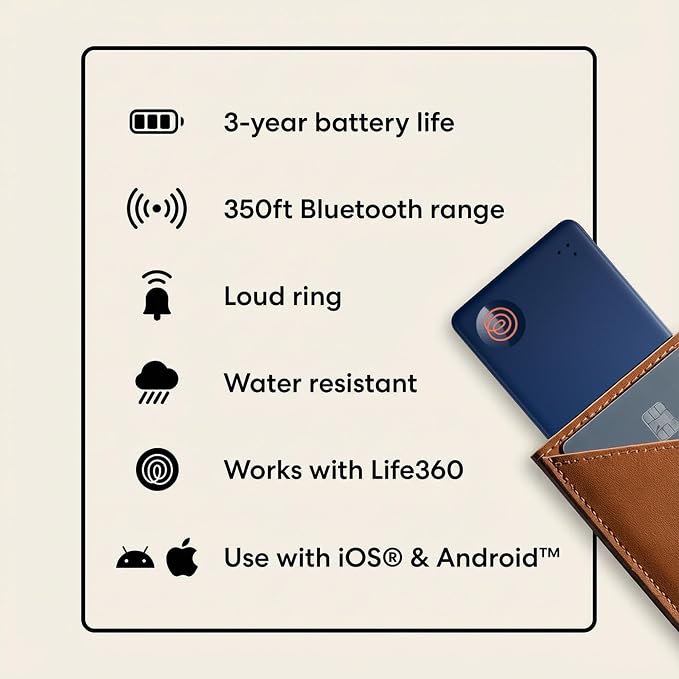 Life360 Tile Slim - Wallet Finder, Bluetooth Tracker and Item Locator for Luggage Tags, Passports and More. Both iOS and Android Compatible. Phone Finder. 1-Pack (Navy Blaze)