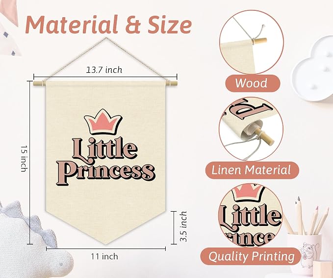 Little Princess Room Decor for Girls Bedroom, Pink Cute Princess Crown Linen Pennant Banner for Baby Girl Nursery Wall Hanging, Playroom Toddler Room Decorations 15x11 Inch