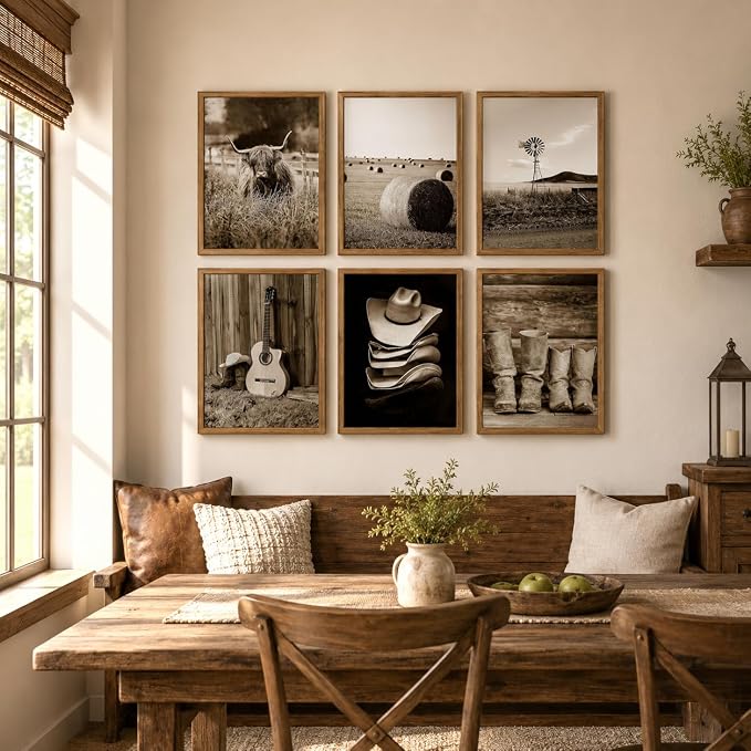 6Pcs Vintage Western Cowboy Wall Art, Highland Cattle Prints, 16" L x 12" W | Rustic Farmhouse Canvas Posters, Country Western Style Wall Decor for Bedroom and Kitchen, Framed